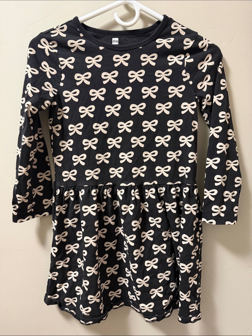 Tea Collection Black Dress with Cream Bow Pattern